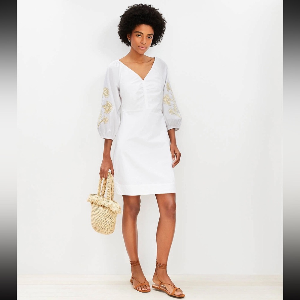 Loft Floral Embroidered Poplin Shirred Mini Dress size 8 - Picture 2 of 3